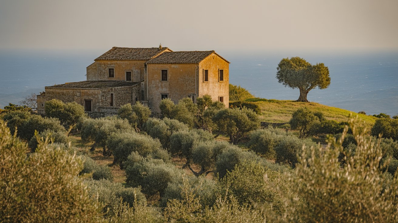 A stone farmhouse above an olive grove